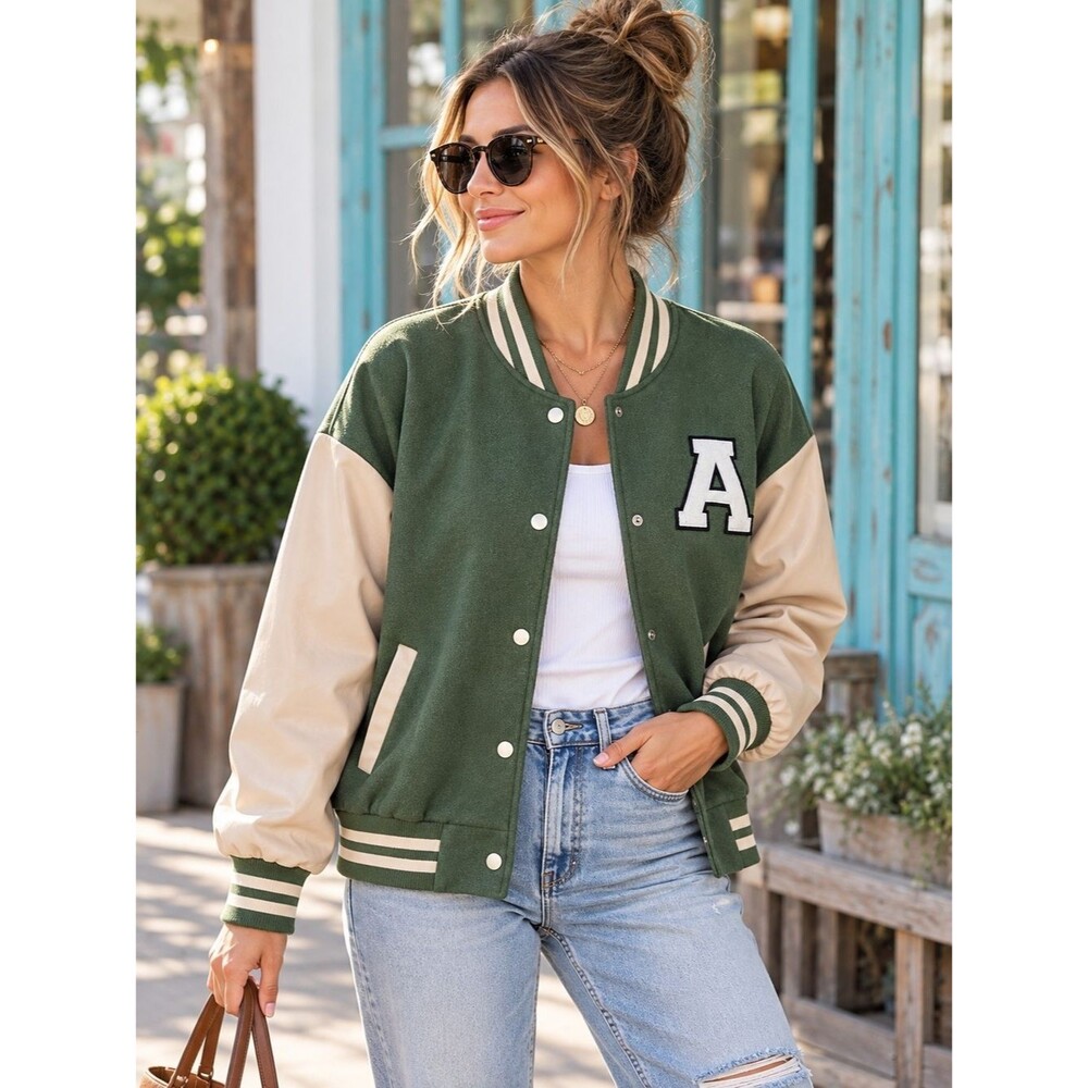 Cider Green and Cream Varsity Jacket SZ Med